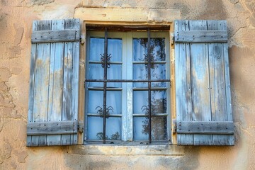 Old window with rusty iron bars and weathered blue shutters is reflecting trees in the glass on a sunny day
