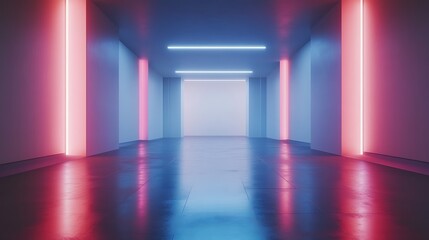 Obraz premium Neon corridor, glowing walls, reflective floor, futuristic space