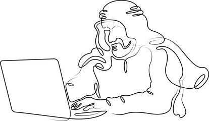 Arab man at laptop. Muslim with computer.Line drawing.Single isolated lines. Ink doodle.