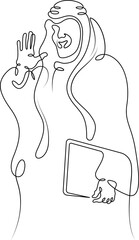 Arab man at laptop. Muslim with computer.Line drawing.Single isolated lines. Ink doodle.