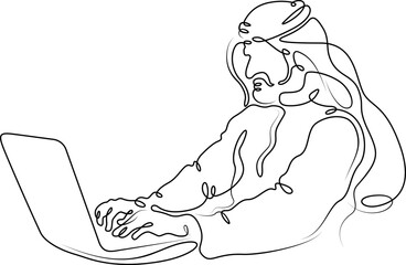 Arab man at laptop. Muslim with computer.Line drawing.Single isolated lines. Ink doodle.