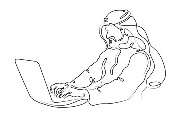 Arab man at laptop. Muslim with computer.Line drawing.Single isolated lines. Ink doodle.