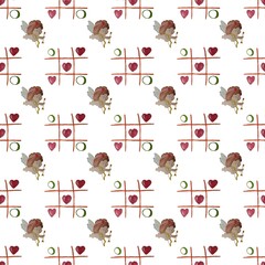 seamless hand drawn watercolor hand drawn painting background with hearts xoxo and cute cupid,Happy valentine day concept. design for background,tile, textile,rug, wallpaper, clothing, wrap, fabric