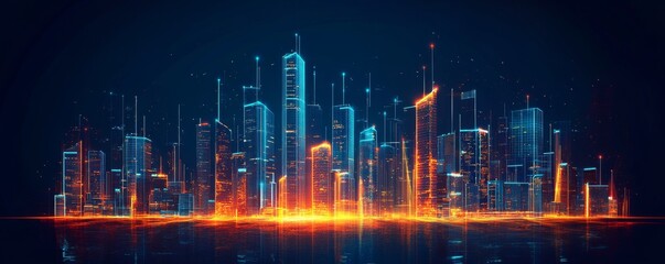 Fototapeta premium Glowing digital city skyline at night; futuristic cityscape