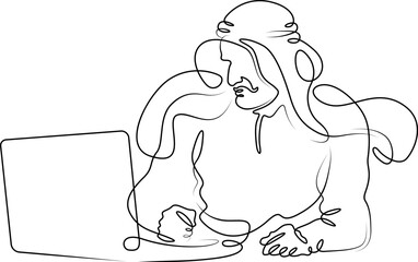 Arab man at laptop. Muslim with computer.Line drawing.Single isolated lines. Ink doodle.