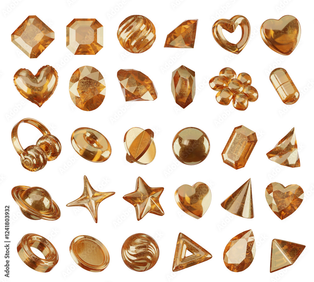 Aufkleber gold crystal object geometry shape set isolated background 3d rendering