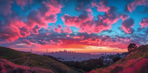 Fototapeta premium From Marin County Hills, Enjoy a Panoramic View of the San Francisco Bay Area, Capturing the Golden Gate Bridge, Alcatraz, and the Cityscape