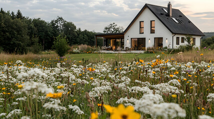 Obraz premium Modern house, meadow, sunset, rural landscape, real estate