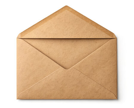 Enveloppe en papier brun ouvert avec un rabat triangulaire sur fond blanc