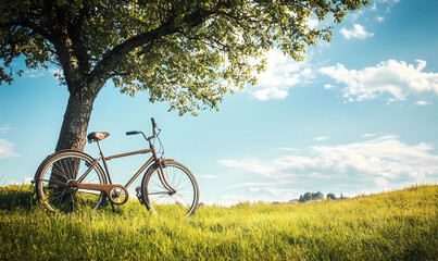 Obraz premium Vintage Bicycle Leaning Against a Tree, Isolated in a Tranquil Outdoor Setting for Peaceful Vibes