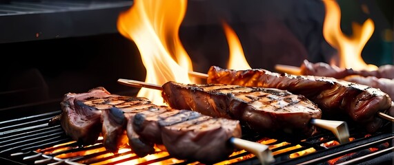 Grilling succulent meats at a barbecue with flames dancing and delicious aromas rising