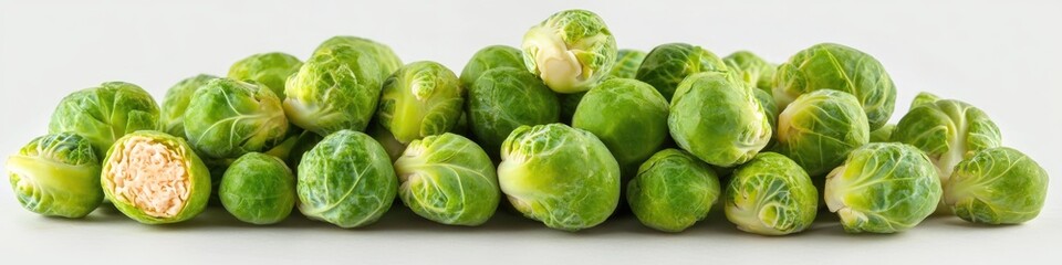 A pile of fresh Brussels sprouts on a white background