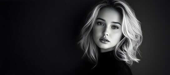 Fototapeta premium Black and white portrait of a blonde woman in front of a dark textured wall