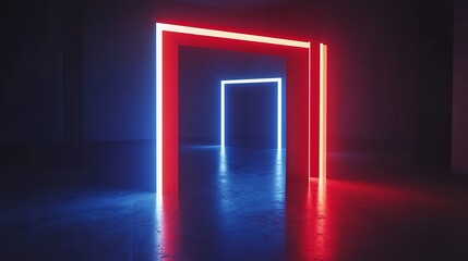 Neon doors, dark room, glowing entrance