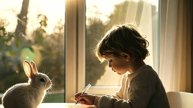 Child Writing Letter to Easter Bunny Asking for Chocolates and Toys