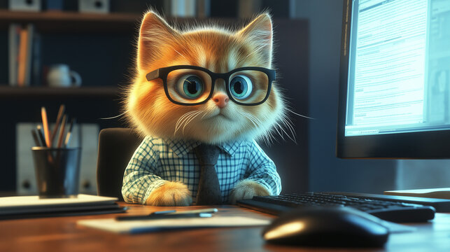 Intelligent-looking ginger cat in a shirt and tie, sitting at a desk with a serious expression, creative and whimsical business concept with a feline twist.