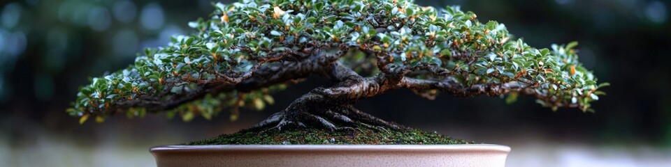 Fototapeta premium A small bonsai tree sits atop another potted plant, creating a unique and visually appealing arrangement