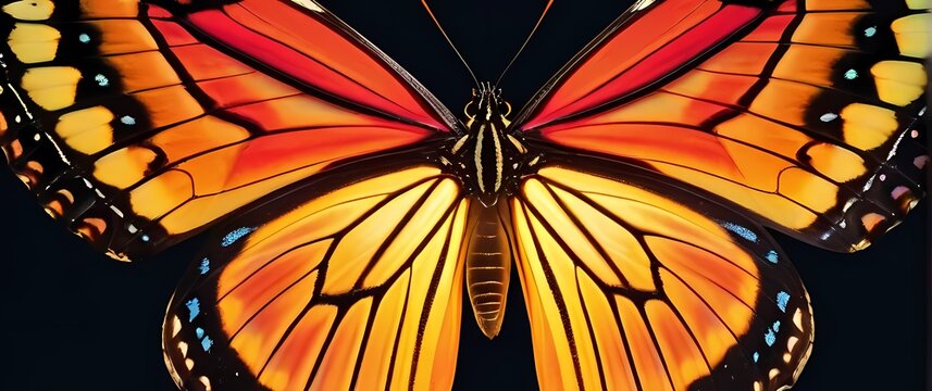 Intricate close up of a butterflys wing showcasing a kaleidoscope of colors