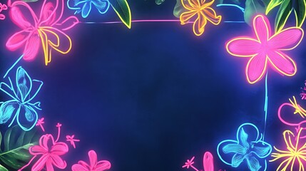 Obraz premium Neon floral frame, dark blue background