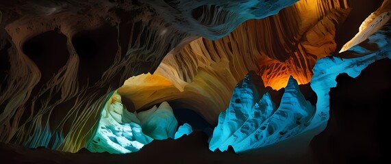 Intricate details of limestone cave formations shimmering in colorful light