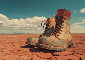Naklejka premium Outdoor footwear stock photo: worn work boots on red dirt
