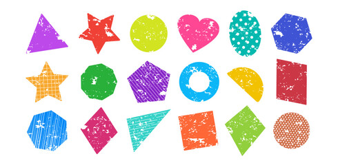 Fototapeta premium Geometric shape doodle paint texture, crayon figure kid, cute sketch collage, colorful scribble icon. Grunge geometry form, childish color chalk set isolated on white background. Vector illustration
