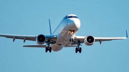 Obraz premium A large commercial airliner soaring through a clear blue sky