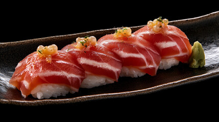 Modern sushi with layered salmon and tuna sashimi, wasabi pearls, yuzu gel, and gold flakes on a ceramic plate. Sleek plating with soft lighting enhances the luxurious fine dining aesthetic.