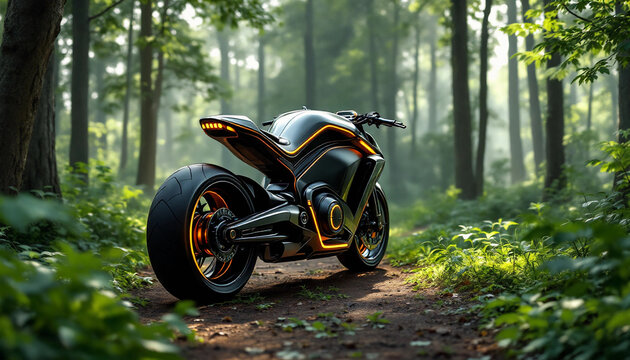 Futuristic black motorcycle with neon lights on a forest trail  
