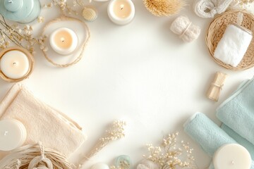 Obraz premium Conjunto de itens de spa com toalhas, velas e elementos decorativos em tons neutros, capturados com luz natural suave, criado com IA generativa.