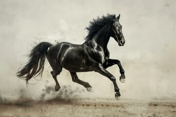 Powerful black stallion horse running in slow motion on dusty ground