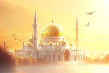 Majestic Golden Mosque at Sunrise - A Stunning Architectural Masterpiece