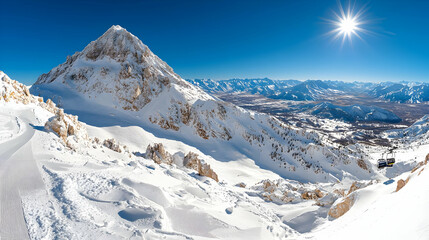 Sunny mountain peak, snowy slopes, valley vista, ski lift; winter travel landscape