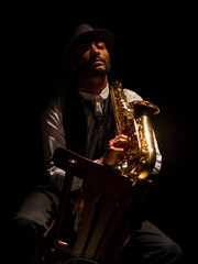 Saxophonist portrait on black background