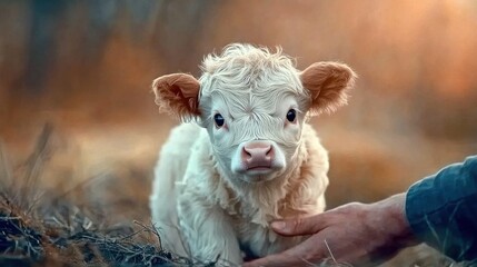 Obraz premium A cute newborn calf rests peacefully in a sunny meadow, showcasing the innocence of youth and the beauty of nature in a serene rural landscape.