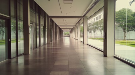 Fototapeta premium Modern glass corridor, outdoor view, trees, sunlight, architecture, corporate setting