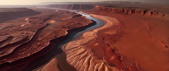 Mars like landscape with vibrant red soil and a meandering river cutting through the terrain