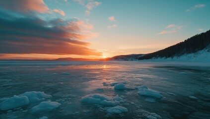 Obraz premium Frozen Lake Sunset: A Serene Winter Wonderland