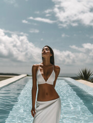 Sensual Woman in White Bikini by the Pool, Perfect Summer Day