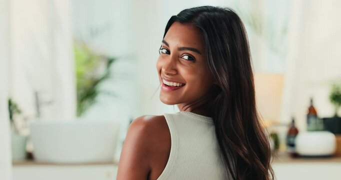 Hair care, face and woman in home with salon, beauty or botox treatment for morning grooming. Maintenance, portrait and Indian female person with shiny, clean and healthy hairstyle for growth benefit