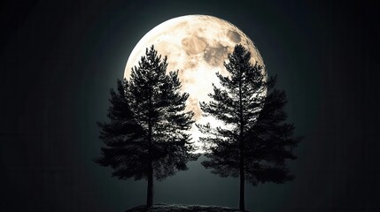 Two imposing trees stand silhouetted against a majestic full moon, creating a captivating and tranquil scene that evokes a sense of wonder and calm.