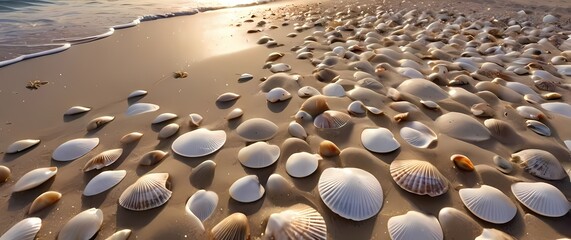 Fototapeta premium Peaceful beach filled with sand dollars and shells gently caressed by the tide