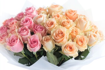 Obraz premium Fresh bouquet of pink and orange roses against a clean white backdrop