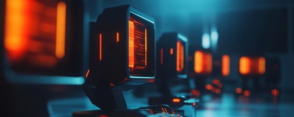 Futuristic server room; glowing displays, data processing