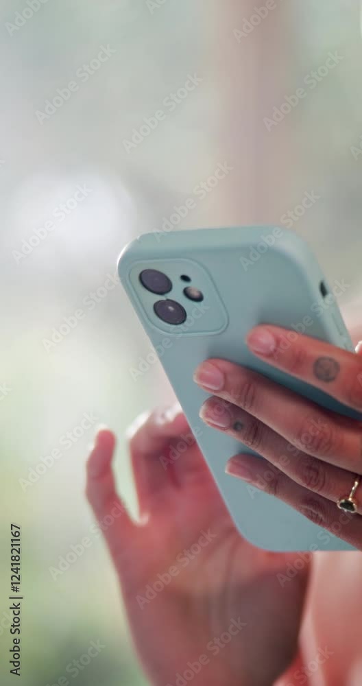 Aufkleber hands, typing and person with smartphone, internet and connection with social media. closeup, tattoo