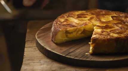 A rustic Spanish tortilla de patatas, golden and thick, rests on a wooden board with a slice cut out, revealing its soft potato and egg filling, with space for copy text beside it.