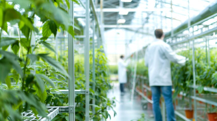 Scientists in white lab coats are examining and tending to plants in modern greenhouse, advancements in agricultural technology and sustainable farming practices.