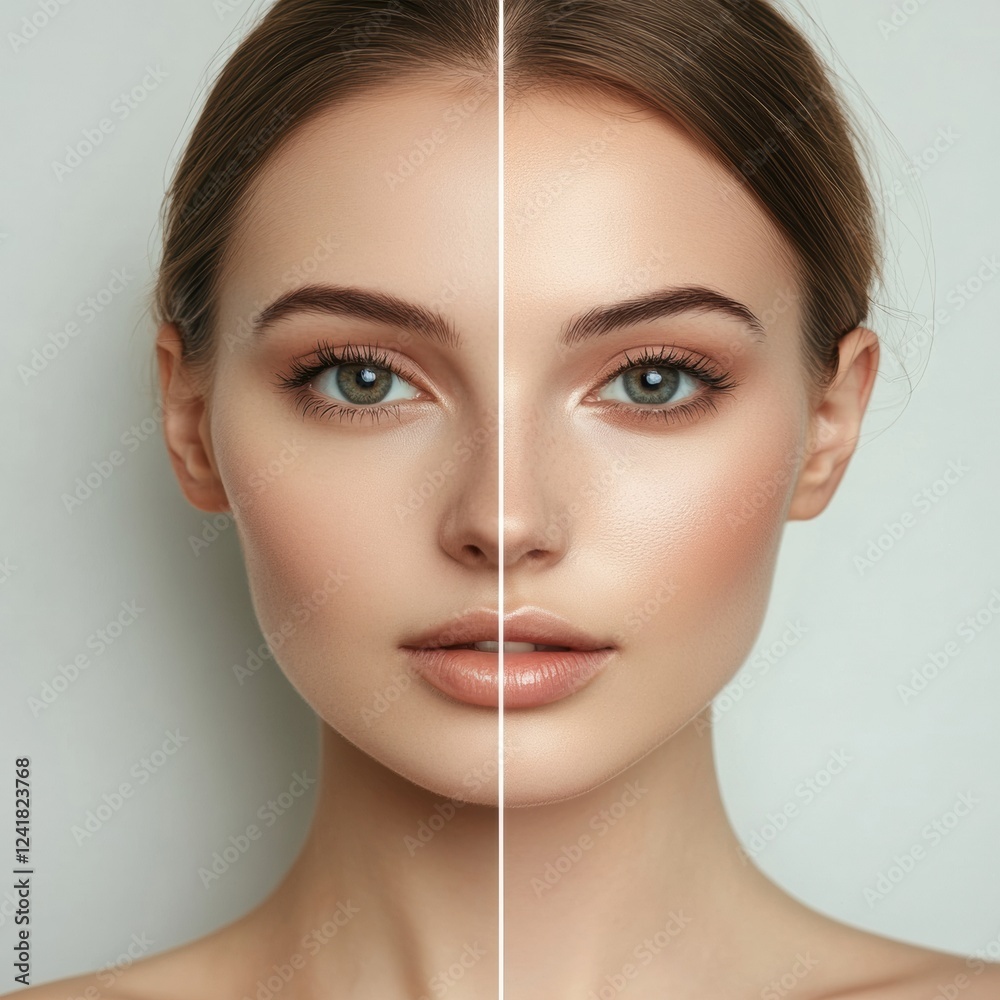 Poster half natural beauty and half makeup transformation on model in studio setting. generative ai