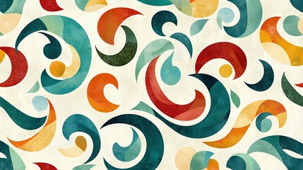  A swirling design of blue, yellow, red, green, orange, and black on a white background
