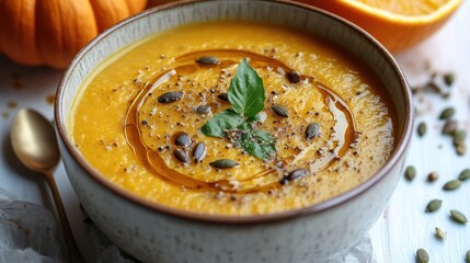 A bowl of hot soup sitting on a table, ready to be enjoyed